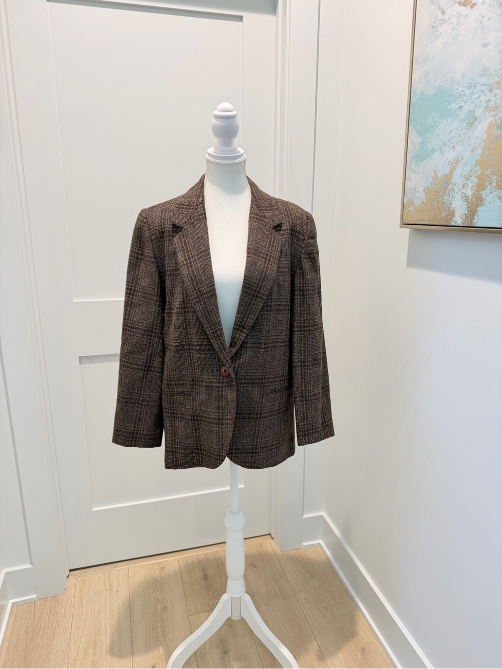 Vintage Worthington 100% wool brown Glen Plaid one button lined blazer size 8